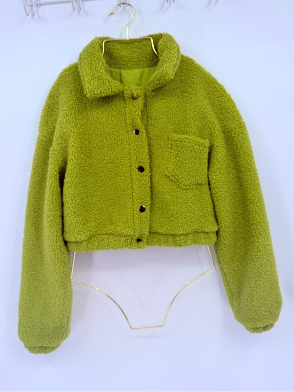 SHEIN Lime Green Cropped Teddy Jacket Button Front Fleece Coat Size Medium
